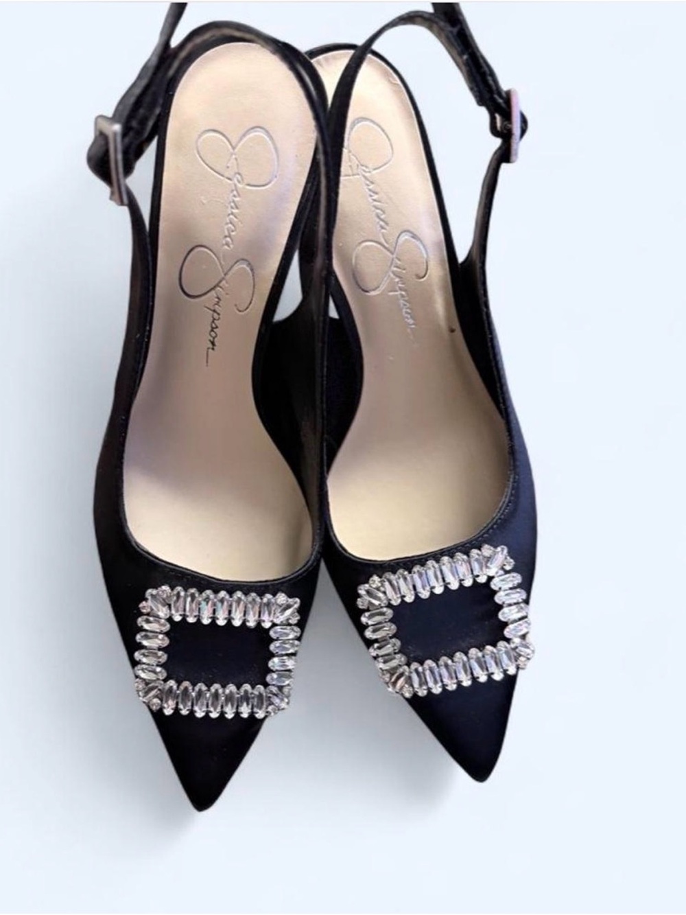 Jessica Simpson Black Pointed Slingback Pumps with Crystal Buckles